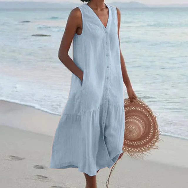 Elegant women's sleeveless V-neck midi dress with button-front, a versatile day dress.