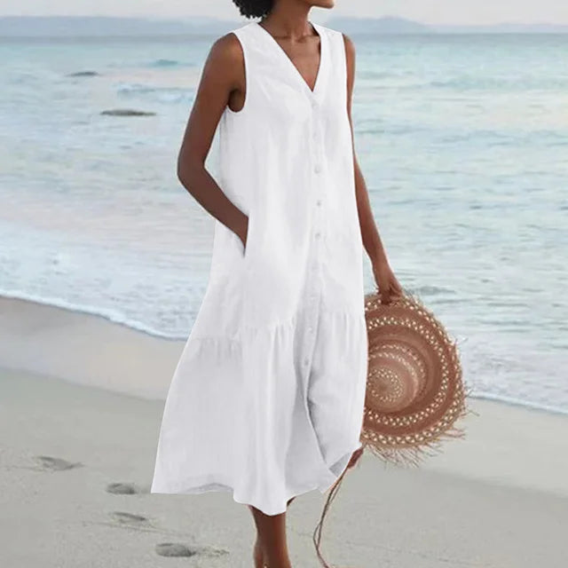 Lightweight women's sleeveless V-neck midi dress, button-front design, ideal for summer fashion.