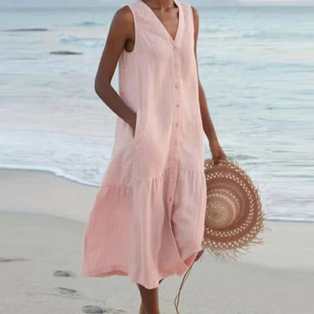 Stylish women's sleeveless midi dress featuring a V-neck and button-front, a chic casual summer dress.