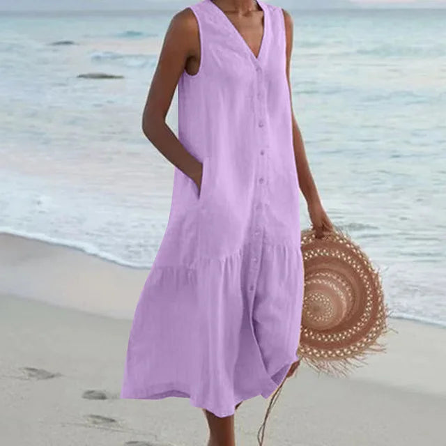 Versatile women's sleeveless V-neck midi dress with button-front, perfect for summer casual & elegant looks.