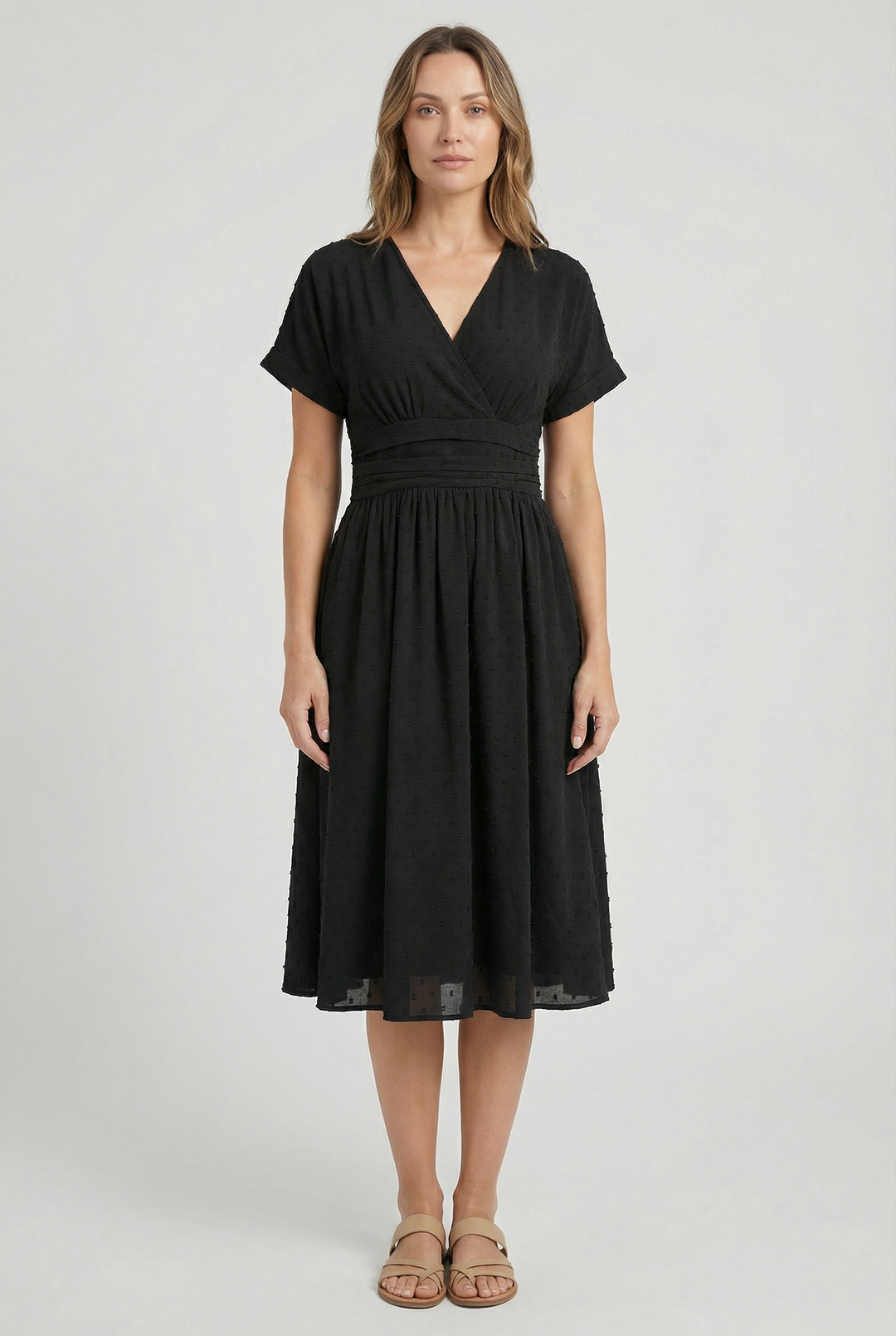 Elegant V-neck midi dress with a flared hem, women's fashion staple