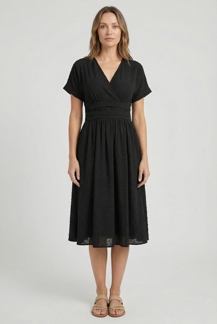 Elegant V-neck midi dress with a flared hem, women's fashion staple