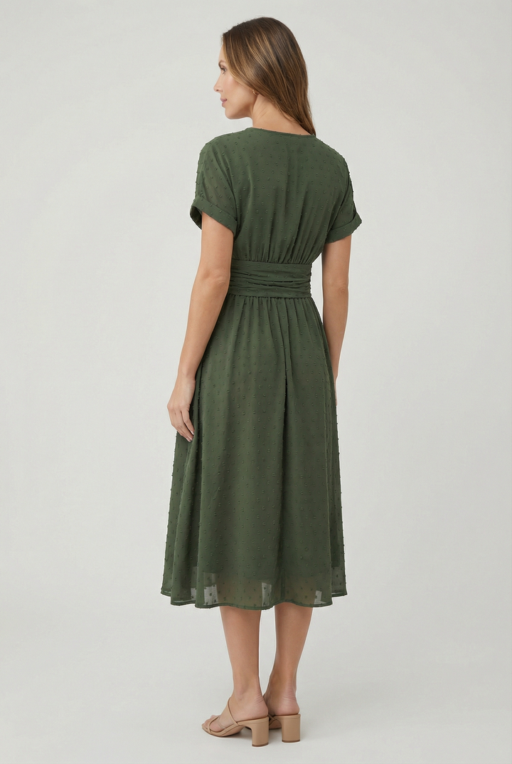 Sleeveless pleated waist midi dress in a flattering V-neck design