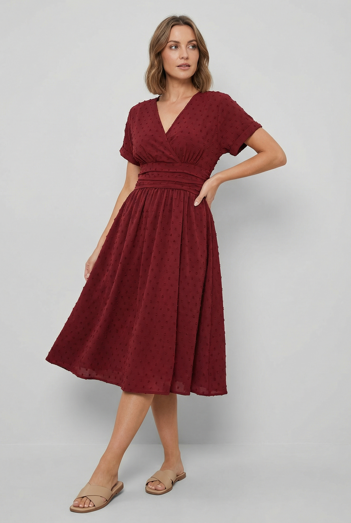 Flared skirt V-neck midi dress, a stylish women's fashion choice