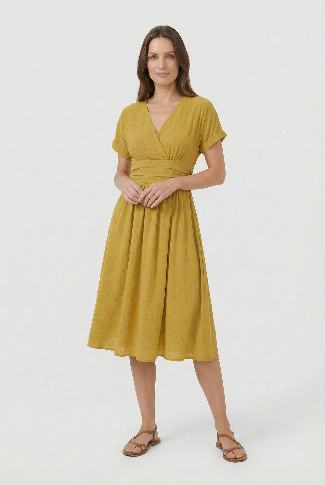 Sleeveless cocktail midi dress with a pleated waist detail