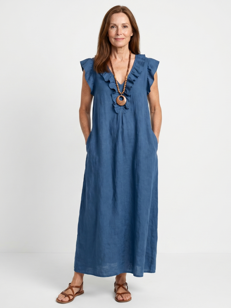 Women's sleeveless V-neck midi dress with stylish ruffle trim; perfect for summer casual wear.