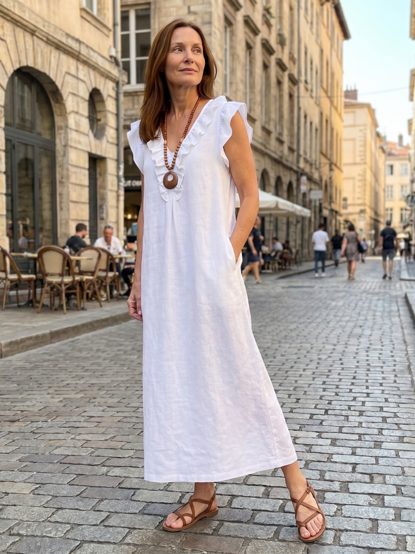 Effortless pull-on women's midi dress, relaxed fit, sleeveless, V-neck, and charming ruffle trim.