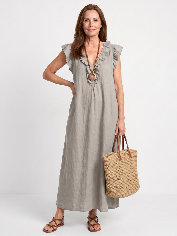 Women's summer fashion: Sleeveless V-neck midi dress with graceful ruffle trim & side pockets.