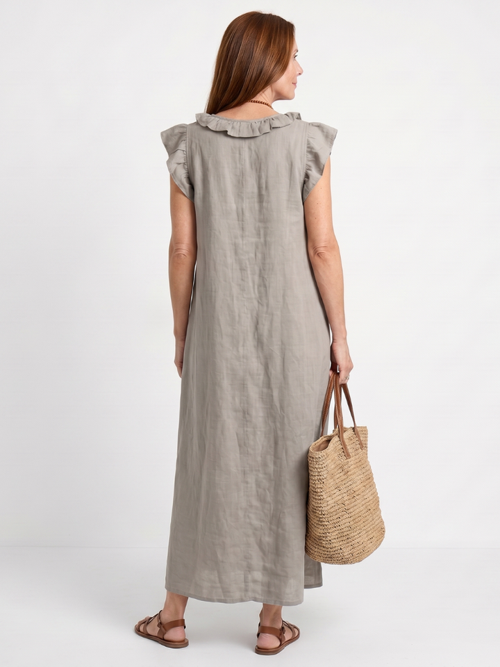 Feminine women's sleeveless midi dress, V-neck, elegant ruffle trim, perfect for spring/summer.