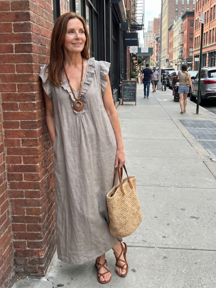 Women's casual sleeveless V-neck midi dress with fashionable ruffle trim, side pockets, and relaxed fit.