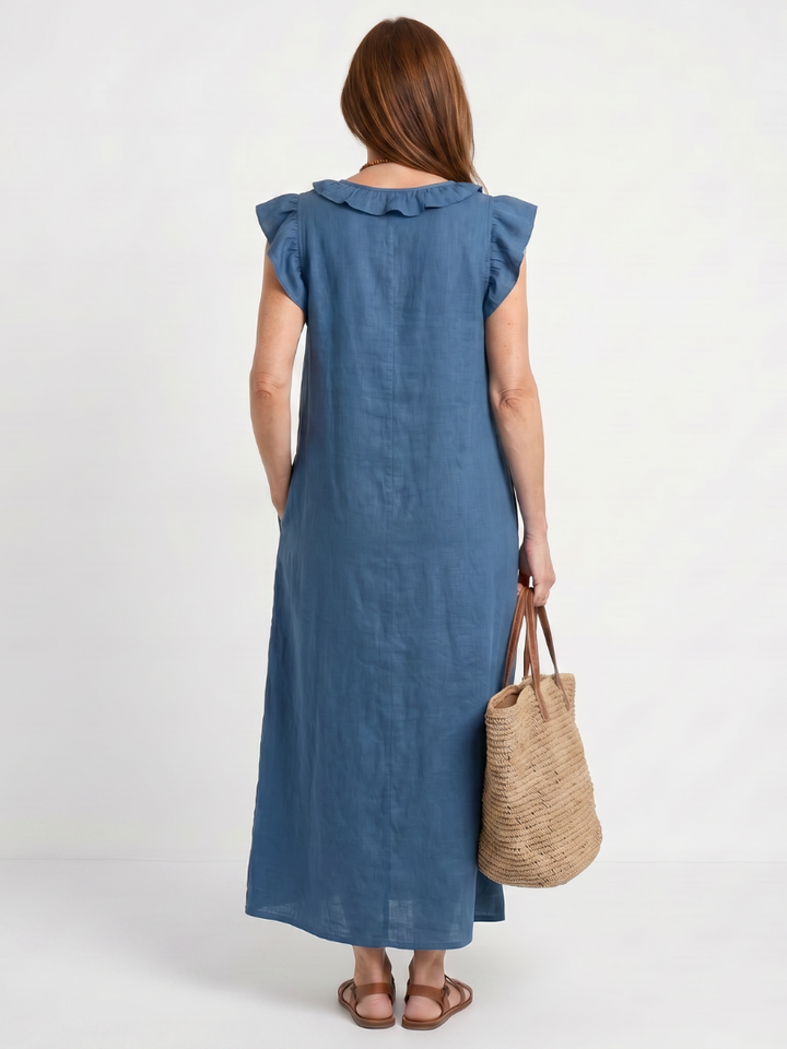 Spring fashion essential: Women's V-neck sleeveless midi dress, ruffle trim, great for everyday.