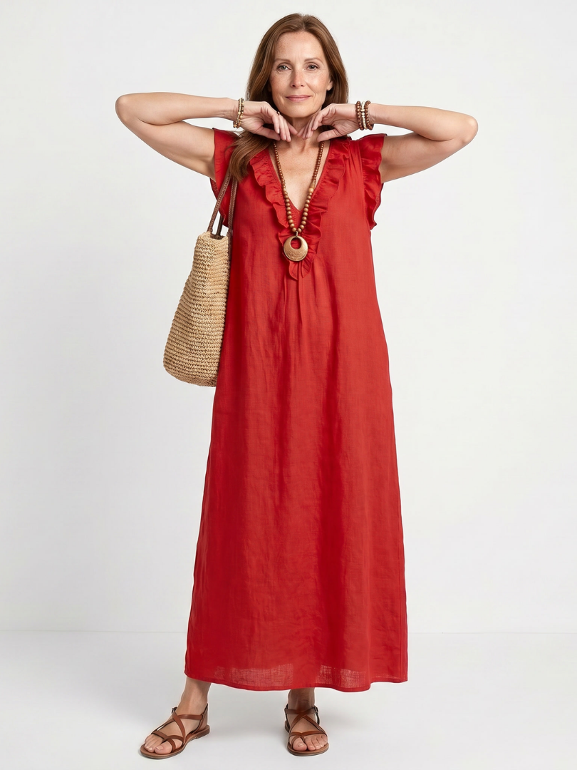 Stylish women's sleeveless V-neck dress, midi length, with trendy ruffle trim and side pockets.