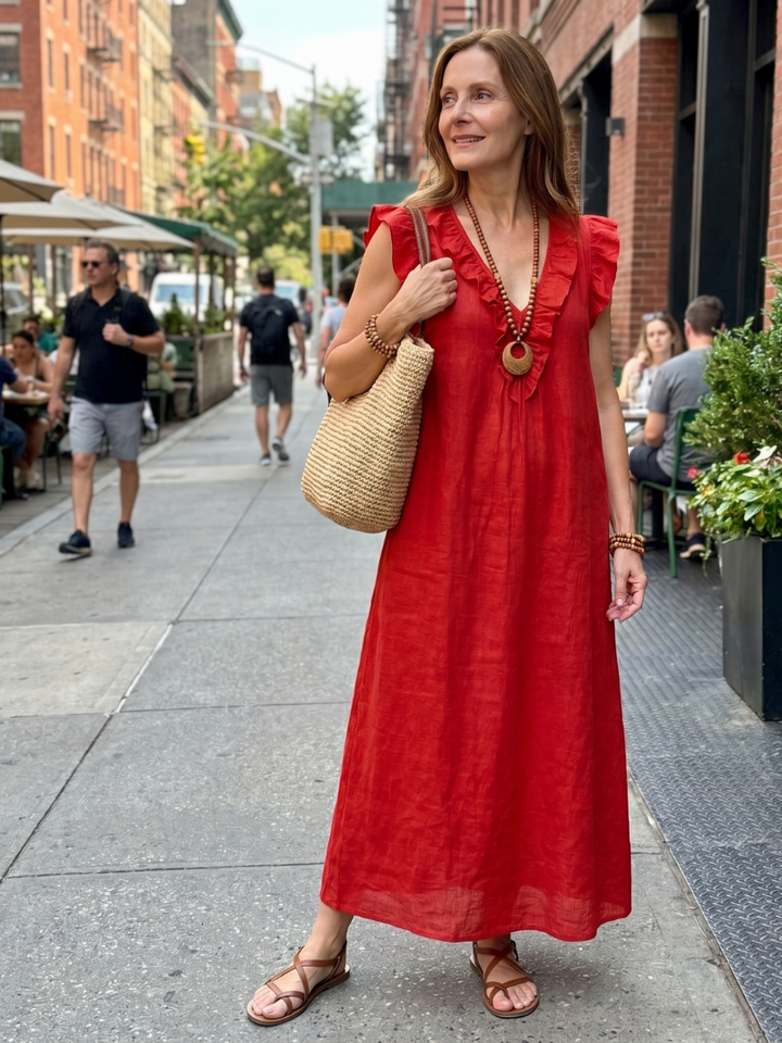 Everyday wear women's midi dress, pull-on style, sleeveless, V-neck, and delicate ruffle trim.