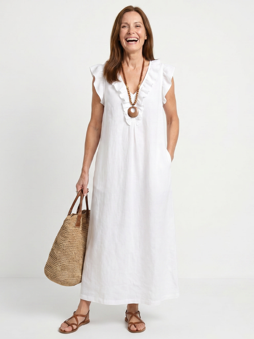 Ruffle trim sleeveless V-neck midi dress for women, ideal for relaxed summer days.