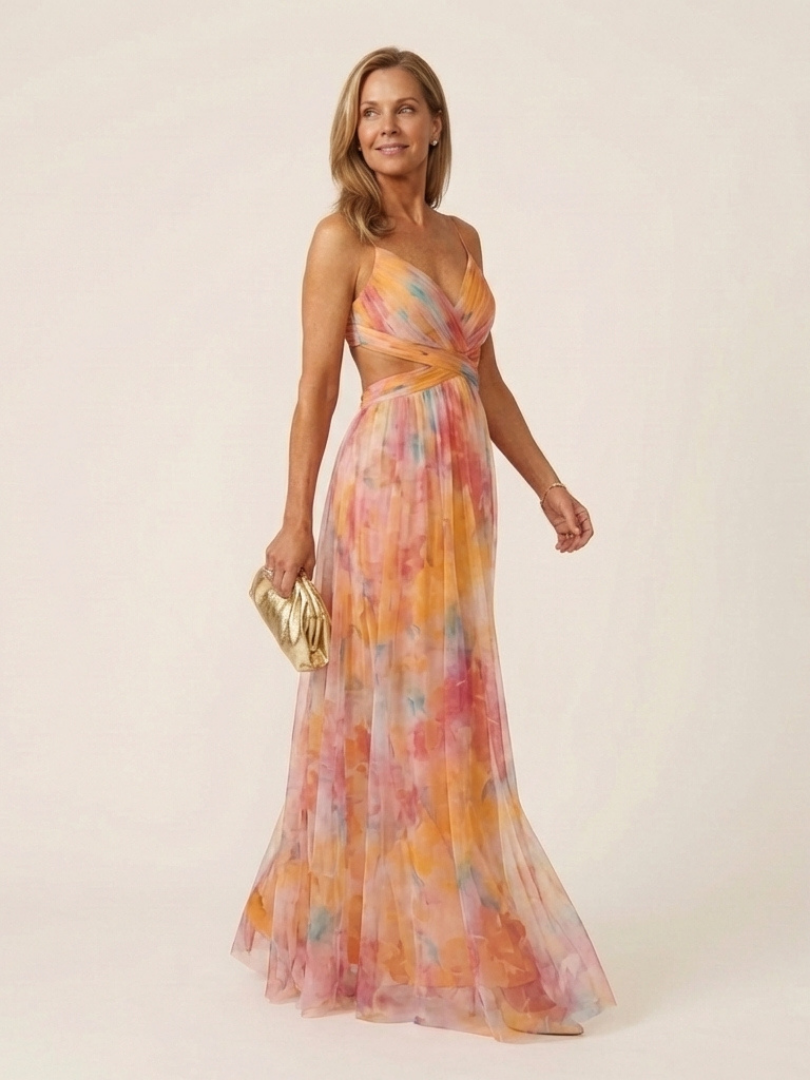 Stylish women's V-neck maxi dress, sleeveless with flowing pleats, ideal for casual wear or vacation.