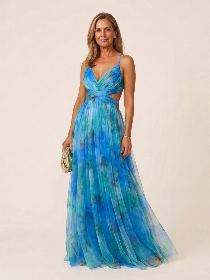 Flowing women's sleeveless V-neck pleated maxi dress, a versatile and comfortable choice for day or evening.