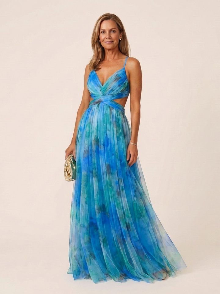 Flowing women's sleeveless V-neck pleated maxi dress, a versatile and comfortable choice for day or evening.