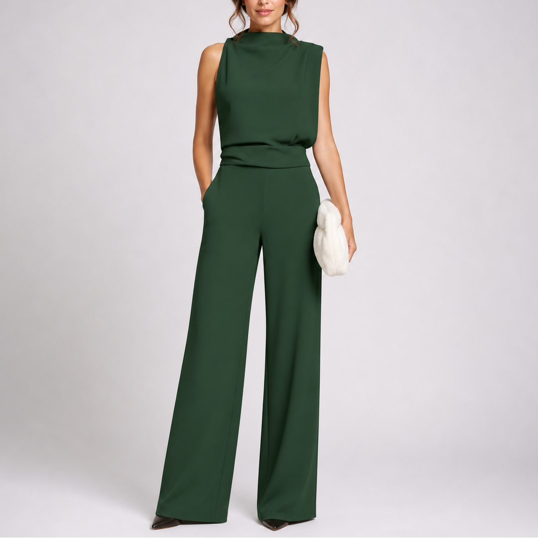 Women's sleeveless wide-leg jumpsuit. Effortless, chic one-piece for casual or elegant summer fashion.