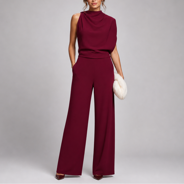 Effortless high-neck sleeveless wide-leg jumpsuit. Women's chic & comfortable summer one-piece outfit.