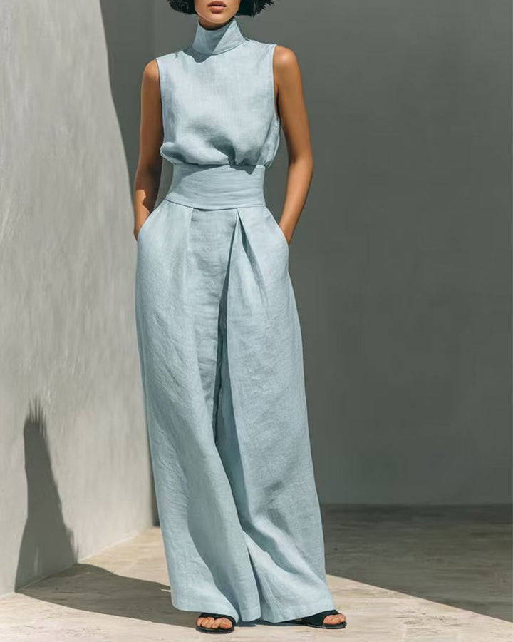 Elegant high waist sleeveless wide leg jumpsuit, perfect for spring casual or holiday chic.