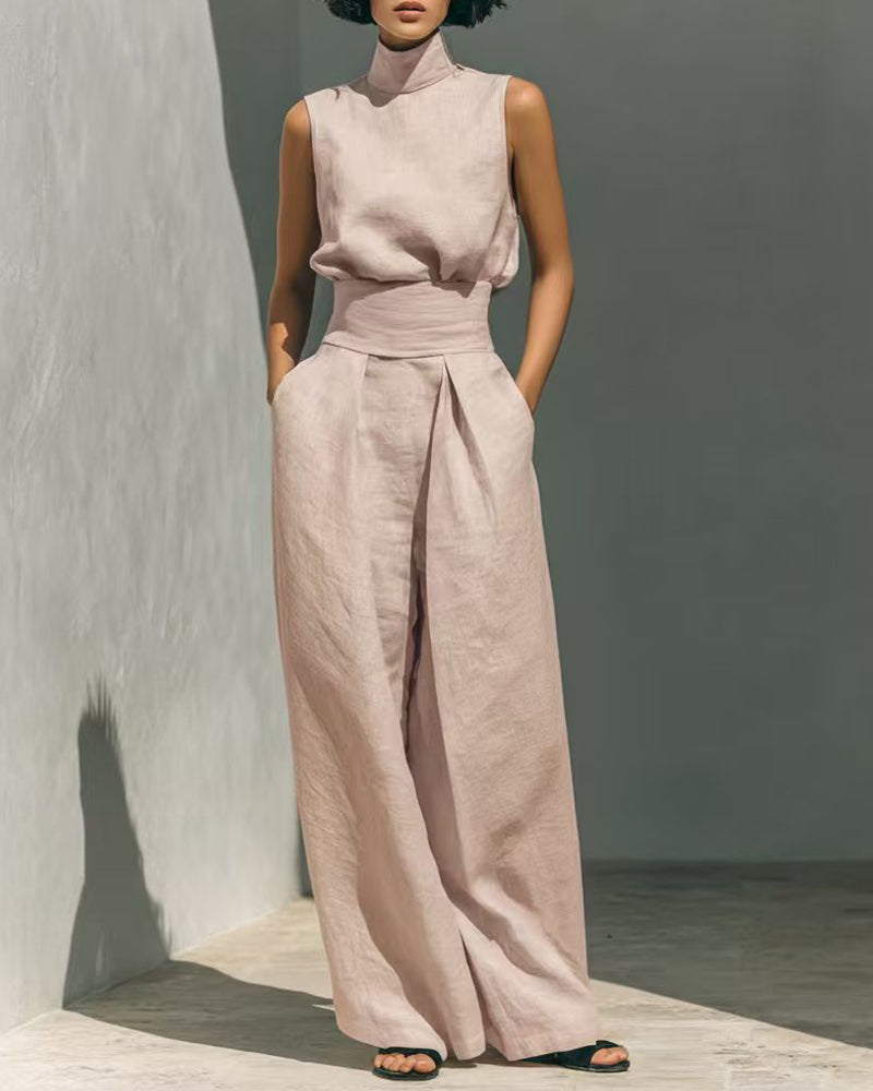 Comfortable women's wide leg jumpsuit with sleeveless design, ideal for summer casual wear.