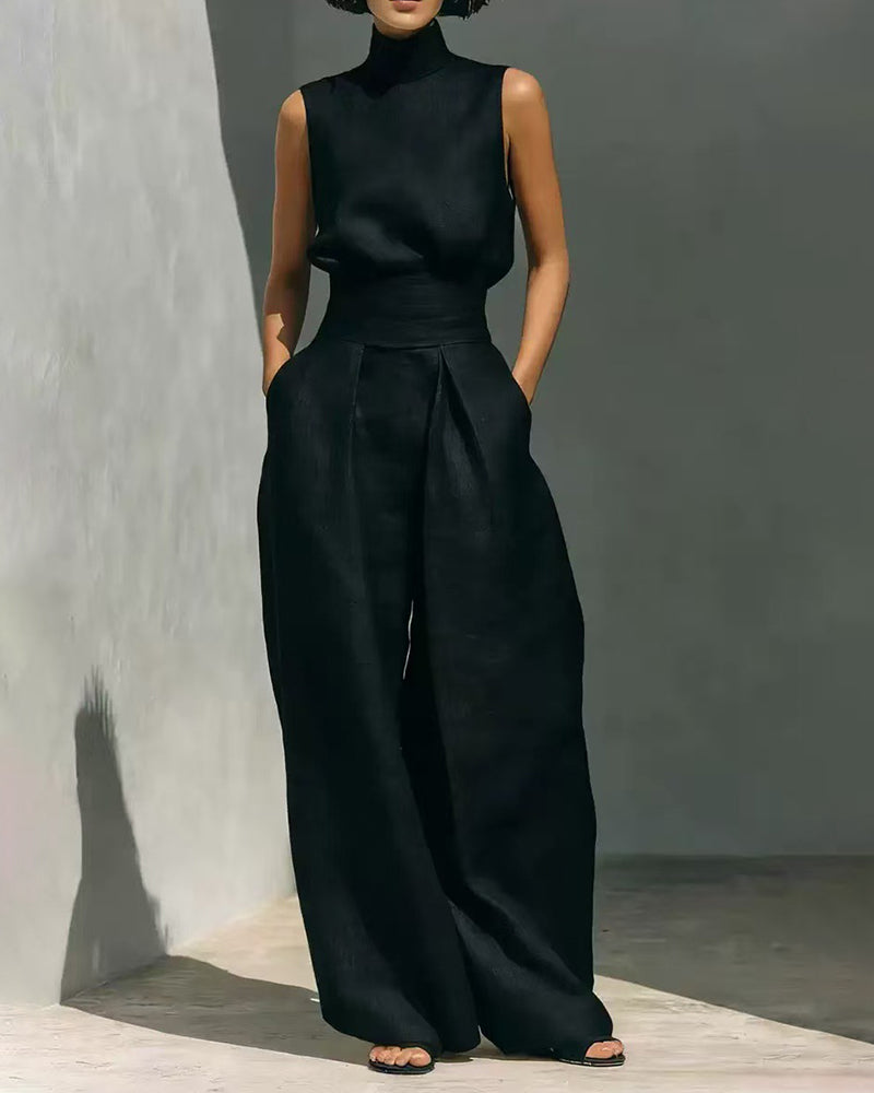 Chic women's sleeveless high waist wide leg jumpsuit; versatile and minimalist style.