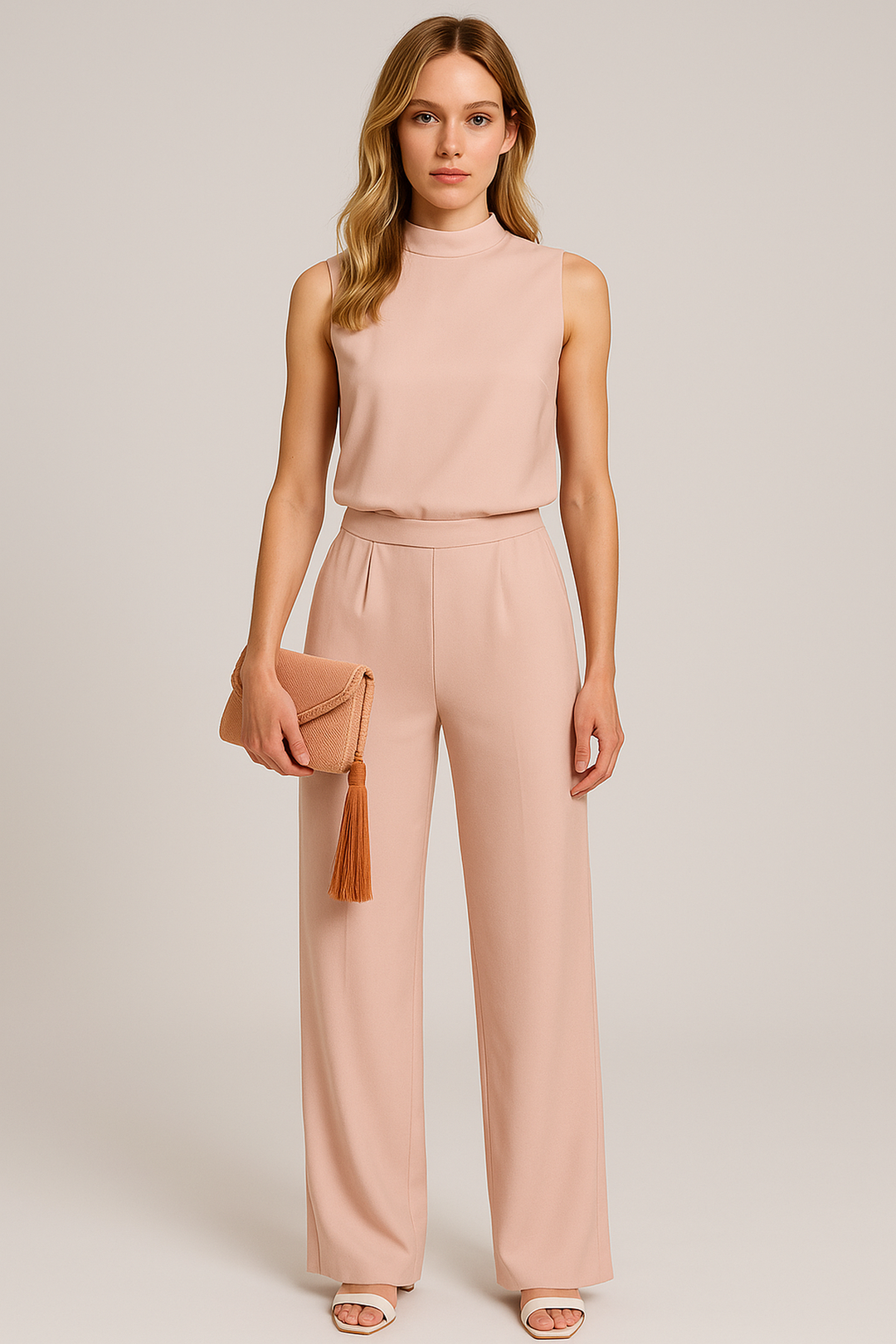 Chic sleeveless jumpsuit for women featuring a flattering wide-leg silhouette and soft fabric.