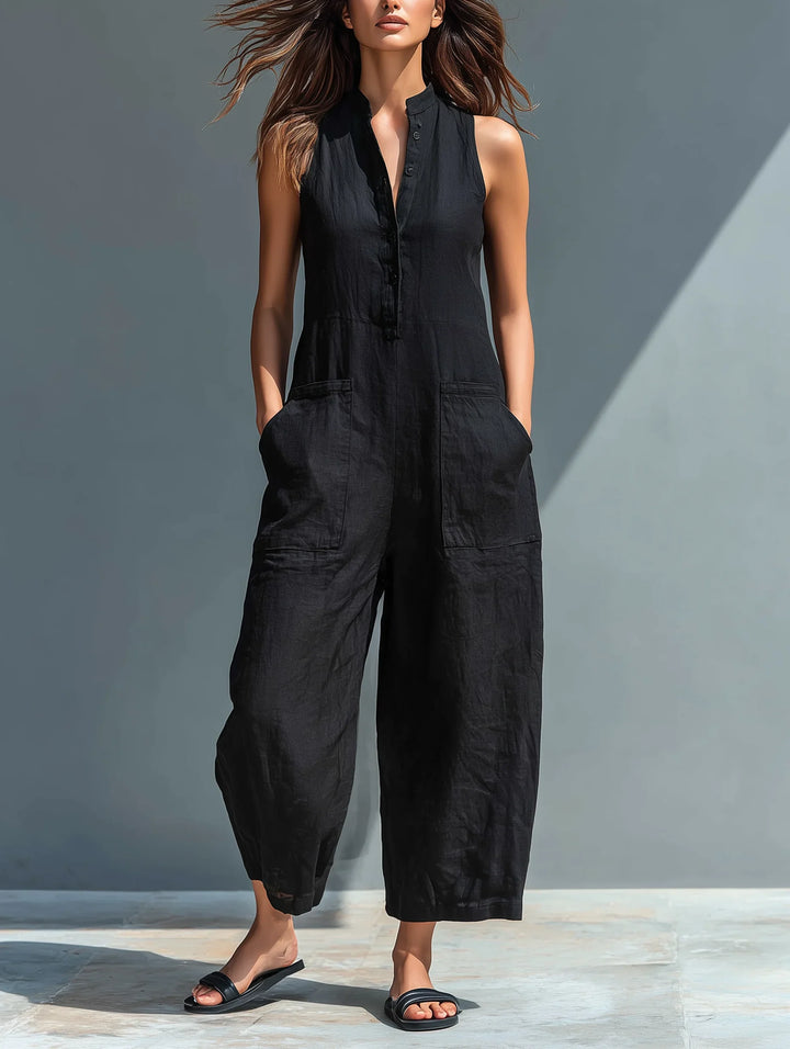 Women's sleeveless wide-leg jumpsuit with mandarin collar & button front. Perfect for summer casual or elegant wear.