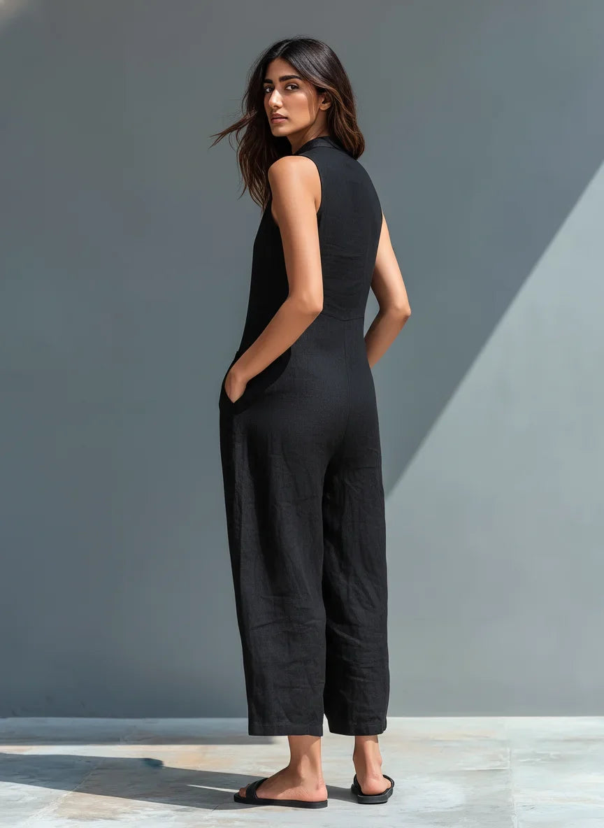 Relaxed fit women's sleeveless wide-leg jumpsuit. Elegant mandarin collar & button front for warm weather style.