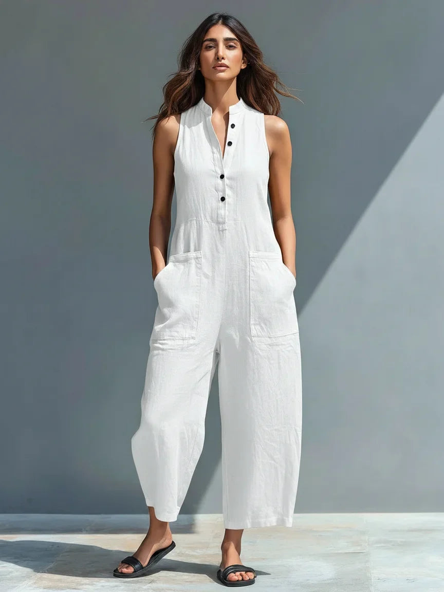Full-length view of a women's sleeveless wide-leg jumpsuit, showcasing the mandarin collar and button-front detail.