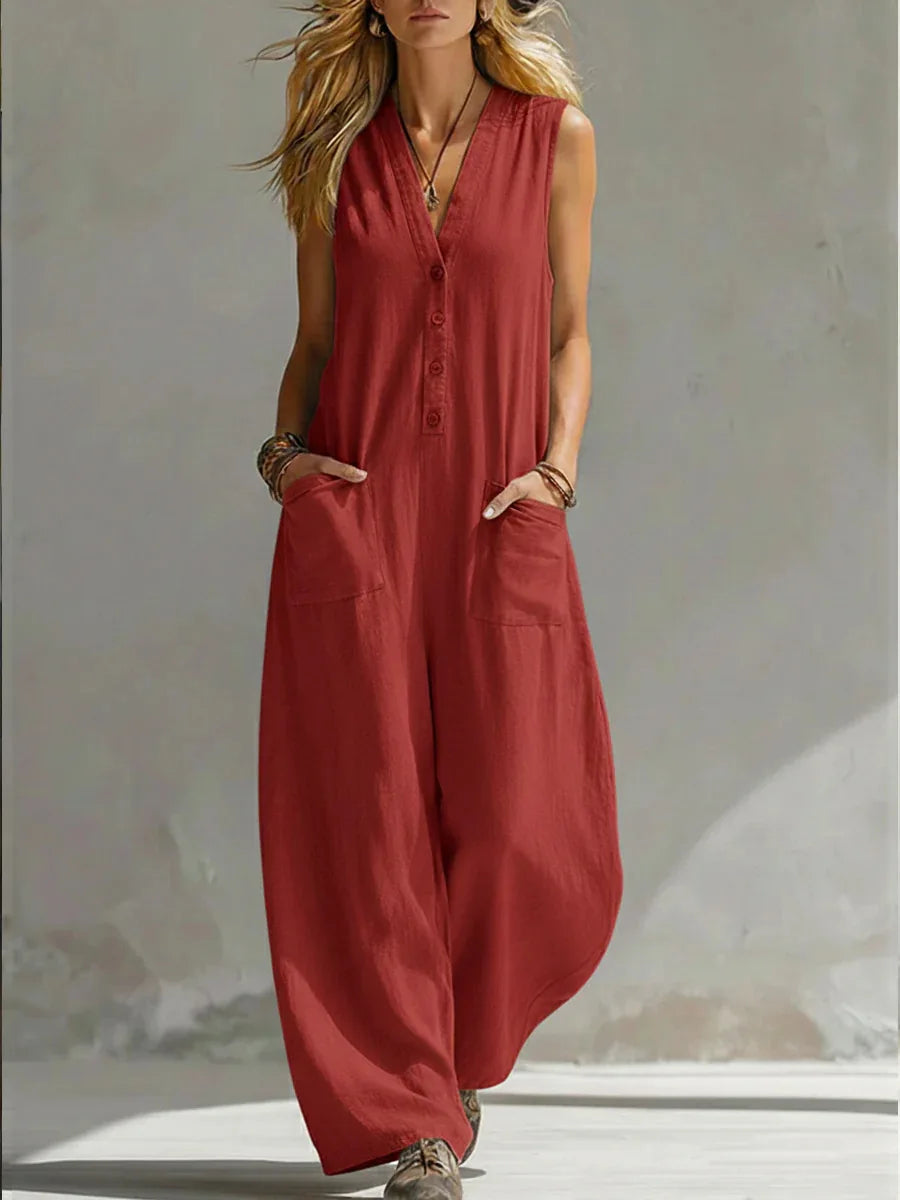 Women's sleeveless wide leg jumpsuit with relaxed fit & button front. Perfect for summer casual style.