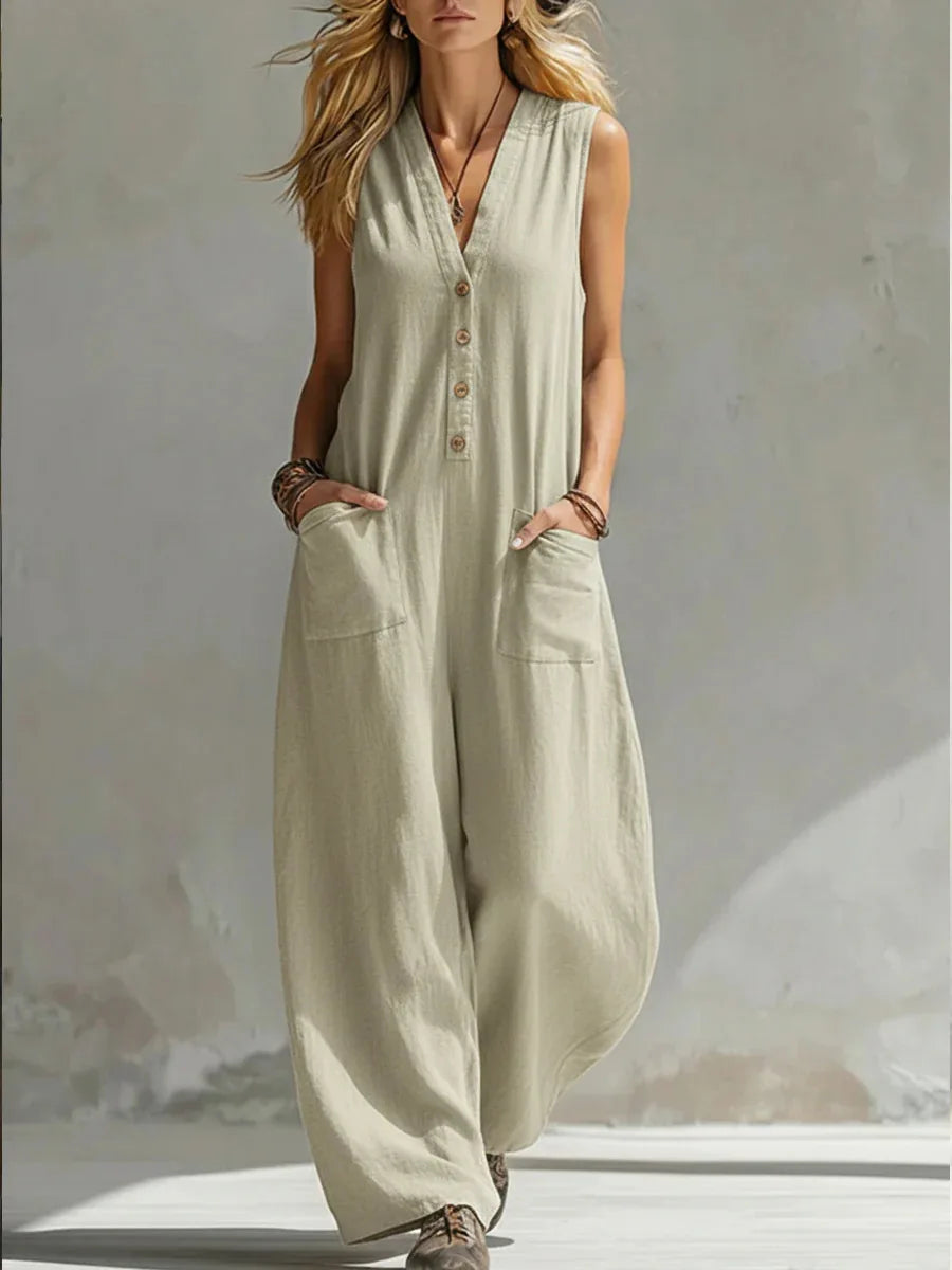 Stylish women's relaxed fit wide leg jumpsuit, featuring sleeveless top & chic button details.