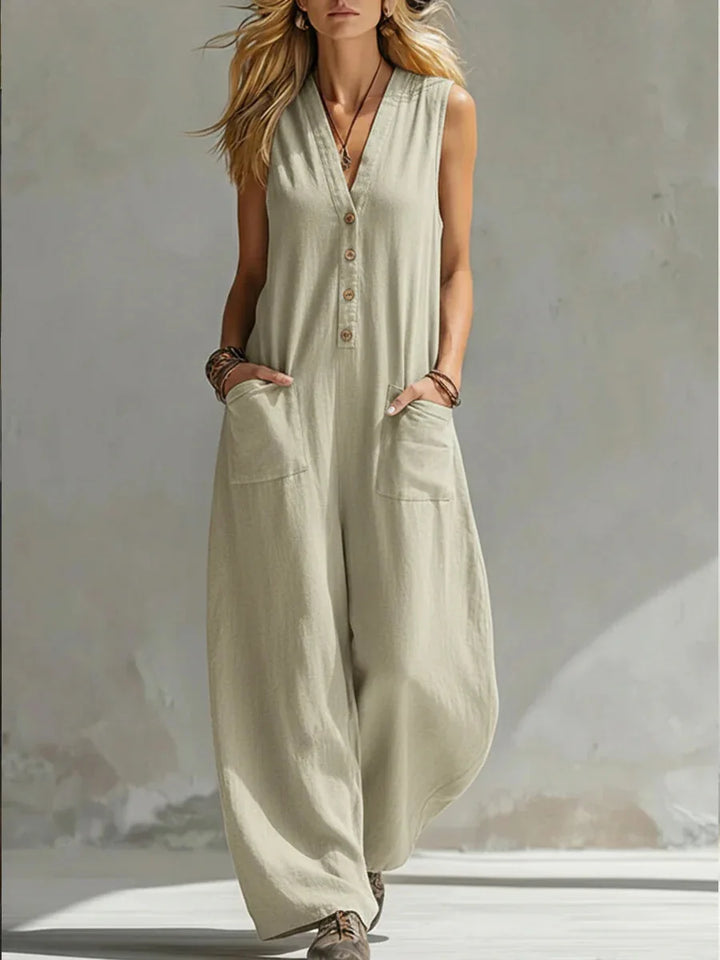 Stylish women's relaxed fit wide leg jumpsuit, featuring sleeveless top & chic button details.