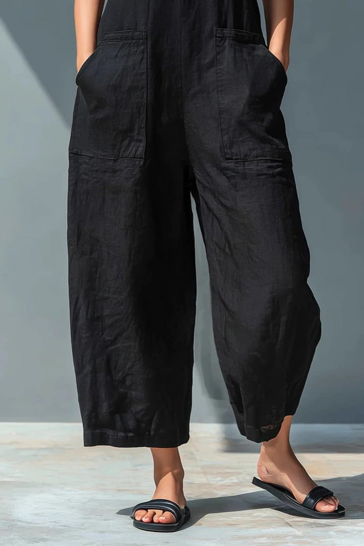 Chic sleeveless women's wide-leg jumpsuit, featuring a stand collar and elegant button front detail.