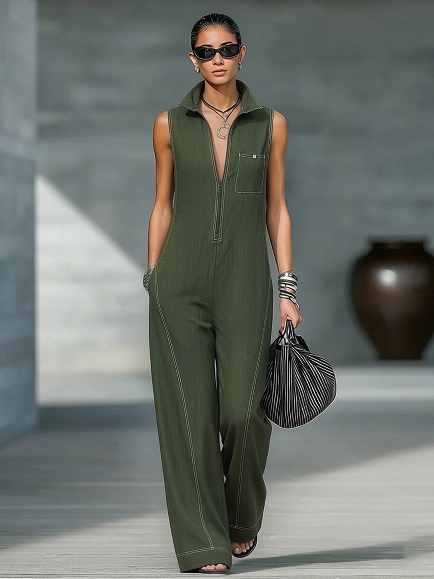 Fashionable women's wide leg jumpsuit with sleeveless design & contrast stitching. Versatile for summer/autumn.