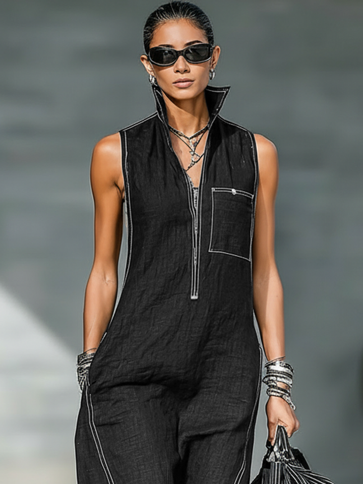 Elegant women's sleeveless wide leg jumpsuit, perfect for casual wear. Features bold contrast stitching for autumn style.