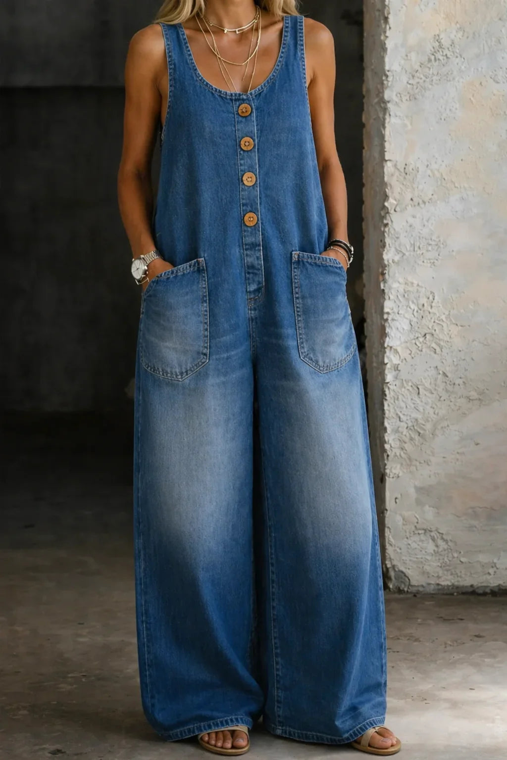 Women's sleeveless wide leg overalls with button front, perfect for casual summer style.