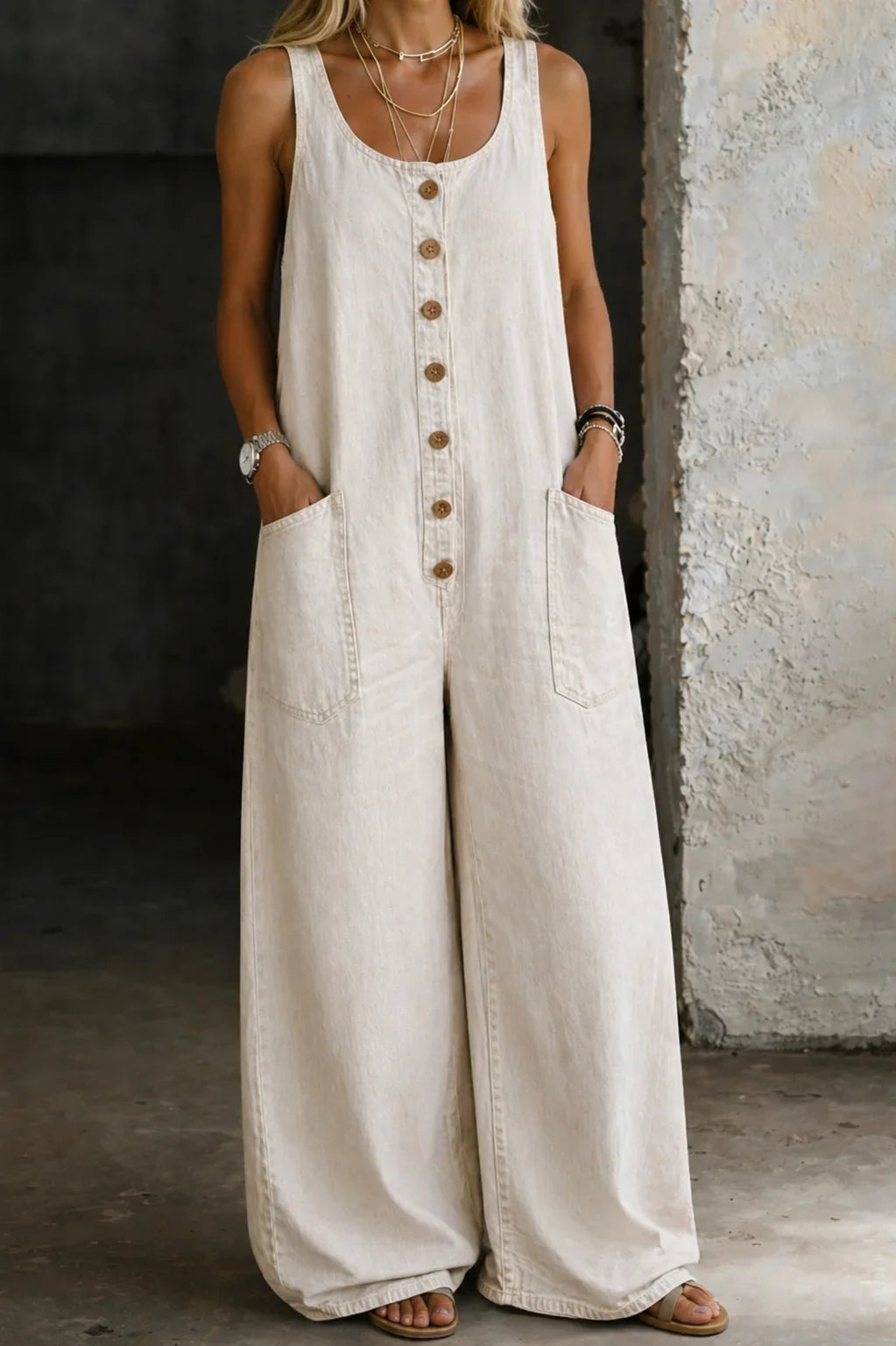 Summer-ready women's overalls, sleeveless with wide legs & practical button front. Relaxed & stylish.