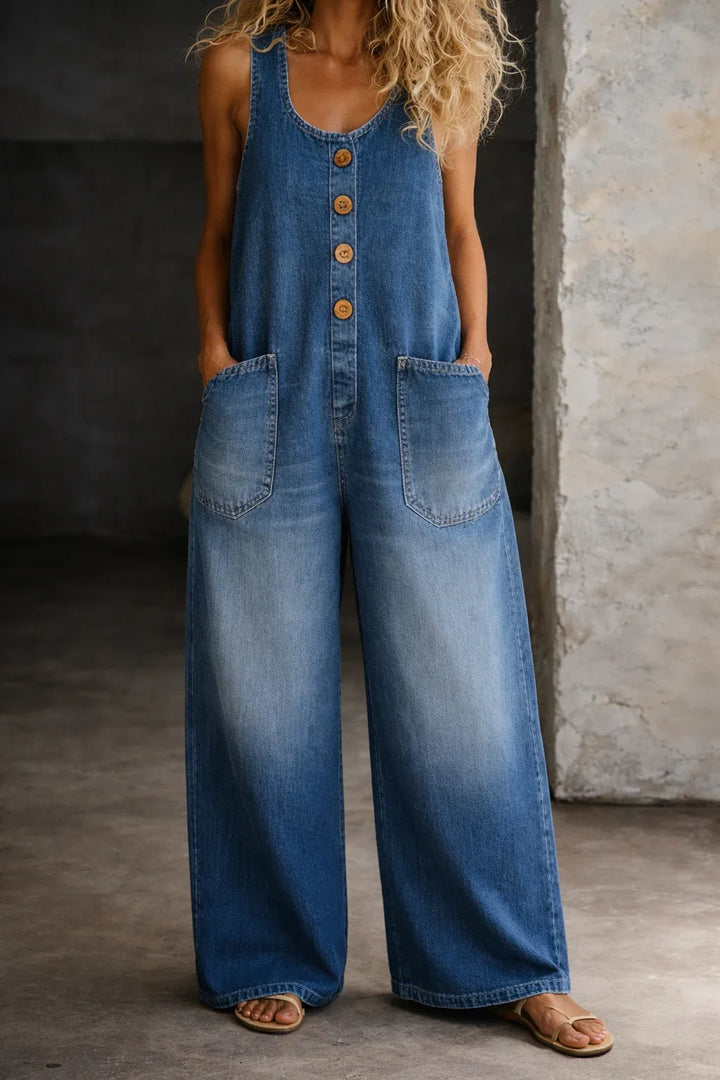 Chic women's wide leg jumpsuit, sleeveless design & button front detail. Versatile summer fashion.