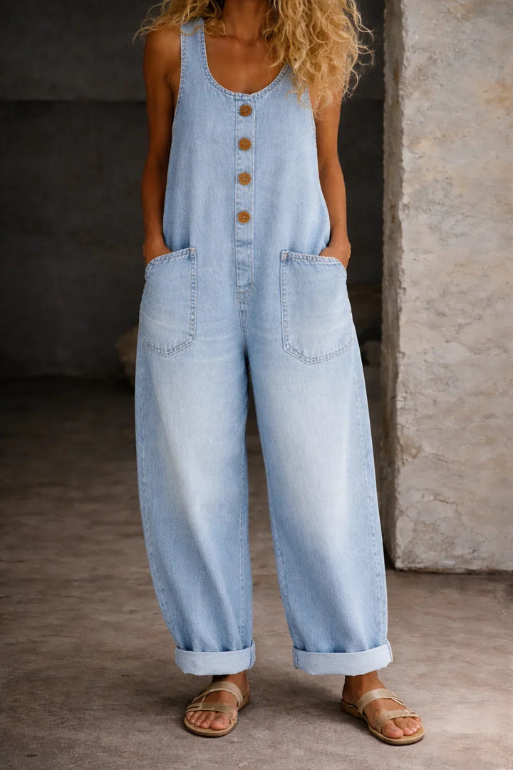 Modern women's sleeveless wide leg overalls with button front & relaxed fit. Chic casual wear.