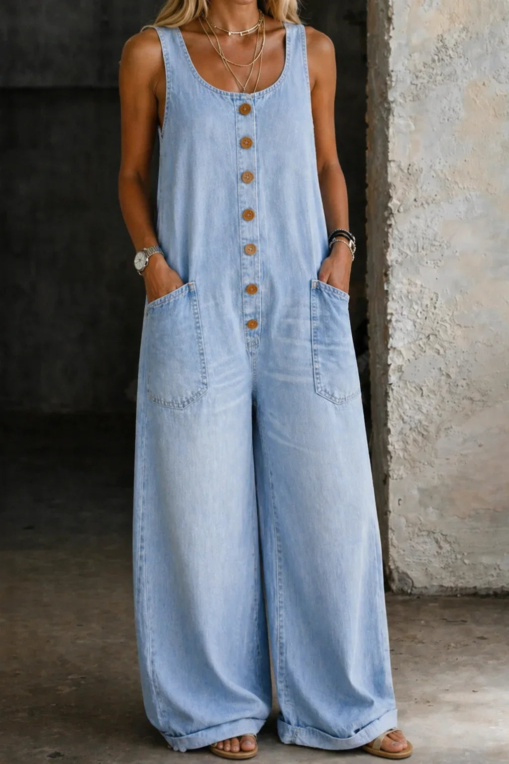 Women's sleeveless wide leg jumpsuit, featuring a trendy button front closure. Ideal for everyday casual style.