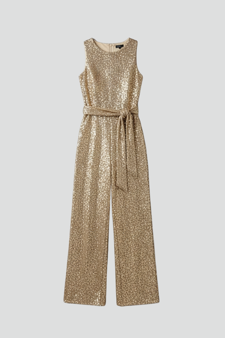 Women's sleeveless wide-leg sequin jumpsuit, perfect for glamorous party wear & evening occasions. Chic fashion.