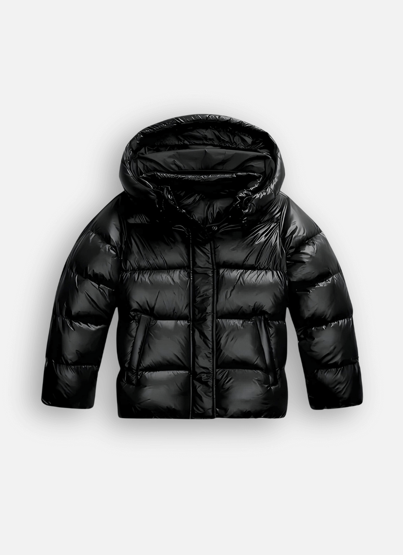 Women's slim-fit puffer jacket for stylish winter warmth. Trendy ladies' outerwear with a modern, glossy finish.