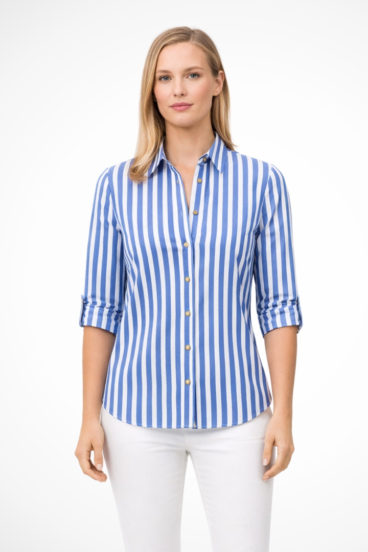 Women's slim fit striped long sleeve blouse. Elegant button-up shirt, ideal for office, workwear, or smart casual.