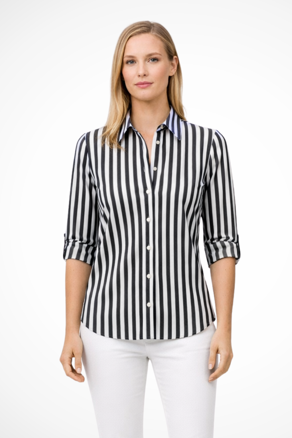 Classic women's slim fit long sleeve striped shirt. Perfect for professional office wear or a chic smart casual look.