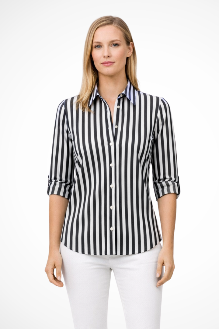 Classic women's slim fit long sleeve striped shirt. Perfect for professional office wear or a chic smart casual look.