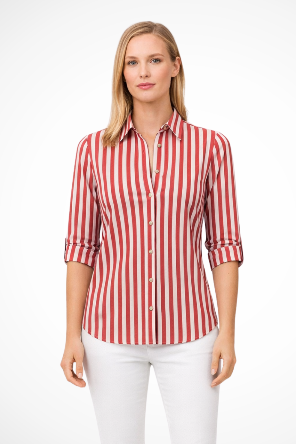 Sophisticated women's striped long sleeve blouse with a flattering slim fit. An essential piece for office and formal.