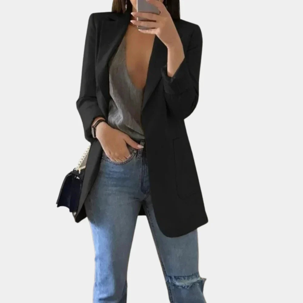 Women's slim fit tailored longline blazer jacket. Perfect for professional office wear & chic women's fashion.