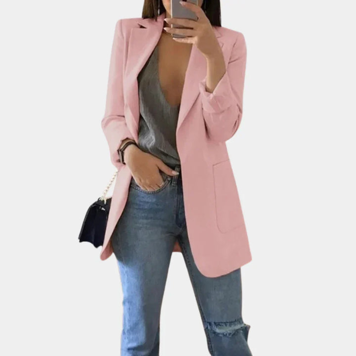 Sophisticated women's tailored blazer jacket, slim fit & longline. Ideal for professional attire & office wear.
