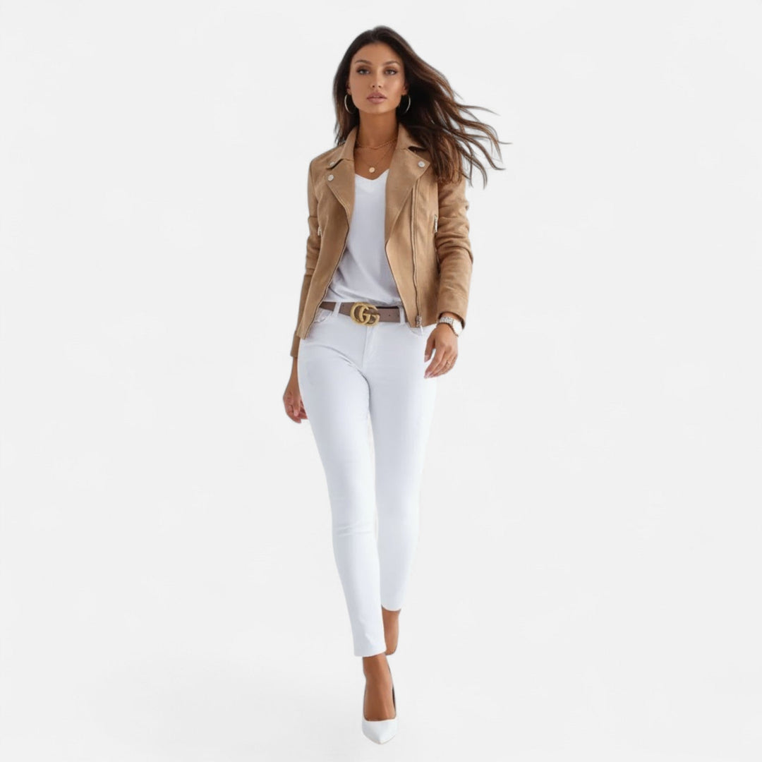 Side profile of a women's slim lapel jacket with open zipper
